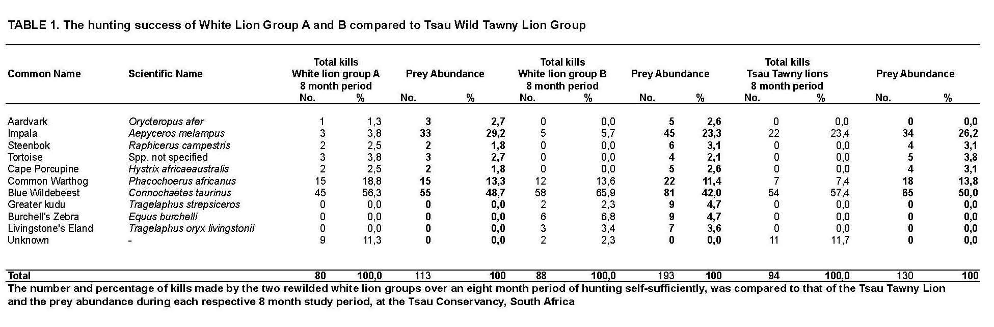 The hunting success of White Lion Group A and B compared to Tsau Wild Tawny Lion Group